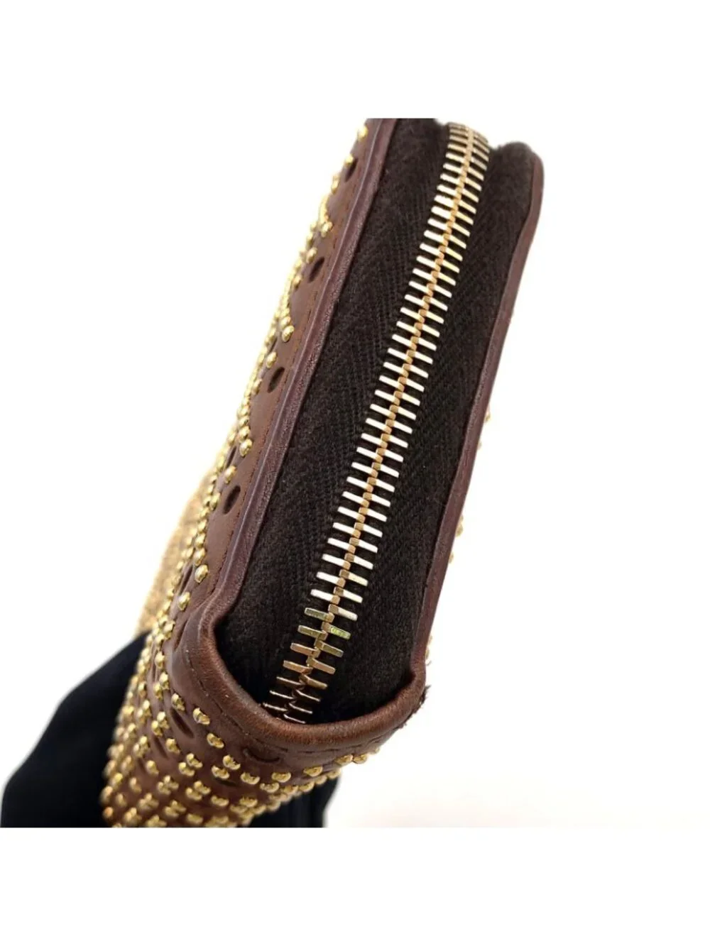 Gucci Woven Web Zip Around Leather Brown Wallet Gold - Picture 11 of 15